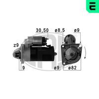 ERA 220720A - Tensión [V]: 12<br>Potencia nominal [kW]: 1,9<br>Número de dientes: 10<br>ID del modelo de conector: 30-50<br>Sentido de giro: Sentido de giro a la derecha (horario)<br>Diámetro de brida [mm]: 82<br>Cantidad de agujeros de fijación: 2<br>Juego alternativo de reparación: 220643<br>Posición básica piñón [mm]: 7<br>