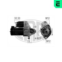 ERA 220004A - año construcción desde: 12/1988<br>Tensión [V]: 12<br>Potencia nominal [kW]: 0,9<br>Cantidad de agujeros de fijación: 2<br>Cant. taladros roscados: 2<br>Diámetro de brida [mm]: 82<br>Sentido de giro: Sentido de giro a la derecha (horario)<br>Número de dientes: 9<br>Pinza: B+ M8<br>Pinza: Exc 6,35<br>Conexión / terminal/borne: con borne 15a<br>