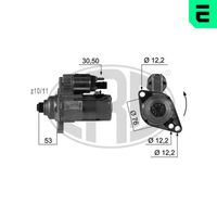 ERA 220449A - Tensión [V]: 12<br>Potencia nominal [kW]: 2<br>Restricción de fabricante: Valeo<br>ID del modelo de conector: 30-50<br>Sentido de giro: Sentido de giro a la izquierda (antihorario)<br>Diámetro de brida [mm]: 76<br>Cantidad de agujeros de fijación: 3<br>Nº de dientes 1: 10<br>Nº de dientes 2: 11<br>Posición básica piñón [mm]: 53<br>