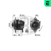 ERA 210555A - Modelo red de a bordo: para vehículos con red de a bordo 12V<br>Tensión [V]: 14<br>Corriente de carga alternador [A]: 100<br>Poleas: para polea de correatrapecial<br>Número de nervaduras: 1<br>poleas - Ø [mm]: 70<br>Pinza: B+ M8<br>ID del modelo de conector: S / L<br>