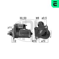 ERA 220715 - Tensión [V]: 12<br>Potencia nominal [kW]: 1,2<br>Número de dientes: 11<br>ID del modelo de conector: 30-50<br>Sentido de giro: Sentido de giro a la derecha (horario)<br>Cantidad de agujeros de fijación: 3<br>Juego alternativo de reparación: 220371<br>Posición básica piñón [mm]: 14<br>