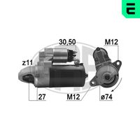 ERA 220955 - Tensión [V]: 12<br>Potencia nominal [kW]: 1,4<br>Cantidad de agujeros de fijación: 2<br>Cant. taladros roscados: 2<br>Diámetro de brida [mm]: 74<br>Sentido de giro: Sentido de giro a la derecha (horario)<br>Número de dientes: 11<br>Pinza: B+ M8<br>Pinza: Exc M5<br>