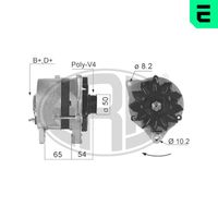 ERA 210017A - Modelo red de a bordo: para vehículos con red de a bordo 12V<br>Tensión [V]: 14<br>Corriente de carga alternador [A]: 120<br>Poleas: con polea para correa poli V<br>Número de nervaduras: 5<br>poleas - Ø [mm]: 56<br>Pinza: B+ M8<br>Pinza: D+ M5<br>