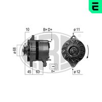 ERA 210295A - Modelo red de a bordo: para vehículos con red de a bordo 12V<br>Tensión [V]: 14<br>Corriente de carga alternador [A]: 55<br>Poleas: para polea de correatrapecial<br>Número de nervaduras: 1<br>poleas - Ø [mm]: 60<br>Pinza: B+ M6<br>Pinza: D+ 6,35<br>Pinza: B- M5<br>