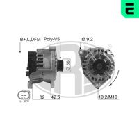 ERA 210535A - Tensión [V]: 14<br>Corriente de carga alternador [A]: 120<br>ID del modelo de conector: B+LDFM<br>poleas - Ø [mm]: 56<br>Poleas: con polea de rueda libre<br>Sentido de giro: Sentido de giro a la derecha (horario)<br>Cantidad de agujeros de fijación: 2<br>Número de canales: 5<br>Juego alternativo de reparación: 210524<br>Distancia de polea a alternador [mm]: 41<br>