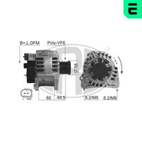 ERA 210247A - Tensión [V]: 14<br>Corriente de carga alternador [A]: 120<br>ID del modelo de conector: B+L,DFM<br>poleas - Ø [mm]: 56<br>Poleas: con polea de rueda libre<br>Sentido de giro: Sentido de giro a la derecha (horario)<br>Cantidad de agujeros de fijación: 2<br>Número de canales: 6<br>Distancia de polea a alternador [mm]: 18,5<br>