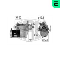 ERA 220210A - Tensión [V]: 24<br>Potencia nominal [kW]: 5,5<br>Número de dientes: 10<br>ID del modelo de conector: 30-50<br>Sentido de giro: Sentido de giro a la derecha (horario)<br>Diámetro de brida [mm]: 92<br>Cantidad de agujeros de fijación: 2<br>Posición básica piñón [mm]: 49<br>