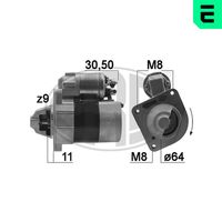 ERA 220018A - Tensión [V]: 12<br>Potencia nominal [kW]: 1,4<br>Cantidad de agujeros de fijación: 3<br>Sentido de giro: Sentido de giro a la derecha (horario)<br>Número de dientes: 11<br>Pinza: B+ M8<br>Pinza: Exc 6,35<br>Conexión / terminal/borne: con borne 15a<br>