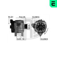 ERA 210205A - Tensión [V]: 14<br>Corriente de carga alternador [A]: 80<br>ID del modelo de conector: B+D+<br>poleas - Ø [mm]: 54<br>Poleas: con polea para correa poli V<br>Sentido de giro: Sentido de giro a la derecha (horario)<br>Cantidad de agujeros de fijación: 2<br>Número de canales: 6<br>Distancia de polea a alternador [mm]: 52<br>