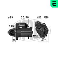 ERA 220704 - Tensión [V]: 12<br>Potencia nominal [kW]: 1,2<br>Cantidad de agujeros de fijación: 3<br>Cant. taladros roscados: 3<br>Diámetro de brida [mm]: 76<br>Sentido de giro: Sentido de giro a la derecha (horario)<br>Número de dientes: 10<br>Pinza: B+ M8<br>Pinza: Exc M6<br>