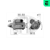 ERA 220677A - Tensión [V]: 12<br>Potencia nominal [kW]: 1<br>Cantidad de agujeros de fijación: 2<br>Cant. taladros roscados: 1<br>Diámetro de brida [mm]: 74<br>Sentido de giro: Sentido de giro a la derecha (horario)<br>Número de dientes: 9<br>Pinza: B+ M8<br>Pinza: Exc Plug<br>