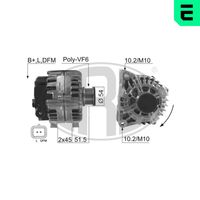 ERA 210520A - Tensión [V]: 14<br>Corriente de carga alternador [A]: 150<br>ID del modelo de conector: B+LDFM<br>poleas - Ø [mm]: 54<br>Poleas: con polea de rueda libre<br>Sentido de giro: Sentido de giro a la derecha (horario)<br>Cantidad de agujeros de fijación: 2<br>Número de canales: 6<br>Juego alternativo de reparación: 210471<br>Distancia de polea a alternador [mm]: 45<br>