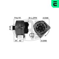 ERA 210410A - Tensión [V]: 14<br>Corriente de carga alternador [A]: 120<br>ID del modelo de conector: B+L,DFM<br>poleas - Ø [mm]: 56<br>Poleas: con polea de rueda libre<br>Sentido de giro: Sentido de giro a la derecha (horario)<br>Cantidad de agujeros de fijación: 2<br>Número de canales: 6<br>Juego alternativo de reparación: 210247<br>Distancia de polea a alternador [mm]: 18,5<br>