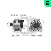 ERA 210224A - Tensión [V]: 14<br>Corriente de carga alternador [A]: 120<br>ID del modelo de conector: B+D+DF<br>poleas - Ø [mm]: 50<br>Poleas: con polea para correa poli V<br>Sentido de giro: Sentido de giro a la derecha (horario)<br>Cantidad de agujeros de fijación: 2<br>Número de canales: 6<br>Juego alternativo de reparación: 210199<br>Distancia de polea a alternador [mm]: 49<br>