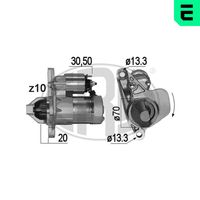 ERA 220847 - Tensión [V]: 12<br>Potencia nominal [kW]: 1<br>Número de dientes: 10<br>ID del modelo de conector: 30-50<br>Sentido de giro: Sentido de giro a la derecha (horario)<br>Diámetro de brida [mm]: 70<br>Cantidad de agujeros de fijación: 2<br>Juego alternativo de reparación: 220579<br>Posición básica piñón [mm]: 20<br>