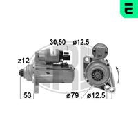 ERA 220948 - Tensión [V]: 12<br>Potencia nominal [kW]: 2<br>Número de dientes: 13<br>ID del modelo de conector: 30-50<br>Equipamiento de vehículo: para vehículos con sistema Start&Stop<br>Sentido de giro: Sentido de giro a la izquierda (antihorario)<br>Diámetro de brida [mm]: 79<br>Cantidad de agujeros de fijación: 2<br>Juego alternativo de reparación: 220583<br>Posición básica piñón [mm]: 51<br>