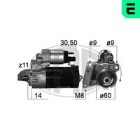 ERA 220873A - Tensión [V]: 12<br>Potencia nominal [kW]: 0,9<br>Número de dientes: 11<br>ID del modelo de conector: 30-50<br>Sentido de giro: Sentido de giro a la derecha (horario)<br>Diámetro de brida [mm]: 64<br>Cantidad de agujeros de fijación: 2<br>Posición básica piñón [mm]: 13<br>