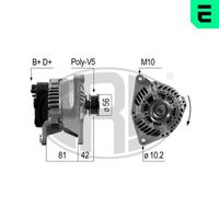 ERA 210160 - Tensión [V]: 14<br>Corriente de carga alternador [A]: 70<br>ID del modelo de conector: B+D+<br>poleas - Ø [mm]: 50<br>Poleas: con polea para correa poli V<br>Sentido de giro: Sentido de giro a la derecha (horario)<br>Cantidad de agujeros de fijación: 2<br>Número de canales: 4<br>Distancia de polea a alternador [mm]: 54<br>