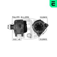 ERA 210471A - Tensión [V]: 14<br>Corriente de carga alternador [A]: 150<br>ID del modelo de conector: B+LDFM<br>poleas - Ø [mm]: 54<br>Poleas: con polea de rueda libre<br>Sentido de giro: Sentido de giro a la derecha (horario)<br>Cantidad de agujeros de fijación: 2<br>Número de canales: 6<br>Distancia de polea a alternador [mm]: 45<br>