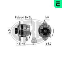 ERA 210804 - Modelo red de a bordo: para vehículos con red de a bordo 12V<br>Tensión [V]: 14<br>Corriente de carga alternador [A]: 65<br>Poleas: con polea para correa poli V<br>Número de nervaduras: 4<br>poleas - Ø [mm]: 53<br>Pinza: B+ M6<br>ID del modelo de conector: S /L<br>