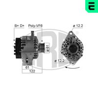 ERA 210326A - Tensión [V]: 14<br>Corriente de carga alternador [A]: 130<br>ID del modelo de conector: B+D+DFM<br>poleas - Ø [mm]: 61<br>Poleas: con polea de rueda libre<br>Sentido de giro: Sentido de giro a la derecha (horario)<br>Cantidad de agujeros de fijación: 2<br>Número de canales: 6<br>Distancia de polea a alternador [mm]: 61<br>