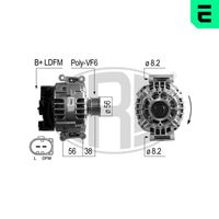 ERA 210704 - Tensión [V]: 14<br>Corriente de carga alternador [A]: 90<br>ID del modelo de conector: B+,L,DFM<br>poleas - Ø [mm]: 56<br>Poleas: con polea para correa poli V<br>Sentido de giro: Sentido de giro a la derecha (horario)<br>Cantidad de agujeros de fijación: 2<br>Número de canales: 5<br>Distancia de polea a alternador [mm]: 43<br>