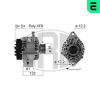 ERA 210324A - Tensión [V]: 14<br>Corriente de carga alternador [A]: 120<br>ID del modelo de conector: B+D+<br>poleas - Ø [mm]: 61<br>Poleas: con polea de rueda libre<br>Sentido de giro: Sentido de giro a la derecha (horario)<br>Cantidad de agujeros de fijación: 2<br>Número de canales: 6<br>Distancia de polea a alternador [mm]: 122<br>