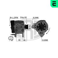 ERA 210498A - Tensión [V]: 14<br>Corriente de carga alternador [A]: 120<br>ID del modelo de conector: B+LDFM<br>poleas - Ø [mm]: 48<br>Poleas: con polea para correa poli V<br>Sentido de giro: Sentido de giro a la derecha (horario)<br>Cantidad de agujeros de fijación: 2<br>Número de canales: 6<br>Distancia de polea a alternador [mm]: 38<br>