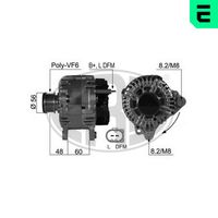 ERA 210469A - Tensión [V]: 14<br>Corriente de carga alternador [A]: 140<br>ID del modelo de conector: B+LDFM<br>poleas - Ø [mm]: 56<br>Poleas: con polea de rueda libre<br>Sentido de giro: Sentido de giro a la derecha (horario)<br>Cantidad de agujeros de fijación: 2<br>Número de canales: 6<br>Distancia de polea a alternador [mm]: 48<br>