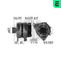 ERA 210942 - Modelo red de a bordo: para vehículos con red de a bordo 12V<br>Tensión [V]: 14<br>Corriente de carga alternador [A]: 130<br>Poleas: con polea de rueda libre<br>Número de nervaduras: 5<br>poleas - Ø [mm]: 57<br>Pinza: B+ M8<br>ID del modelo de conector: C / L / FR<br>