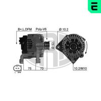 ERA 210530A - Tensión [V]: 14<br>Corriente de carga alternador [A]: 150<br>ID del modelo de conector: B+LDFM<br>poleas - Ø [mm]: 53<br>Poleas: con polea para correa poli V<br>Sentido de giro: Sentido de giro a la derecha (horario)<br>Cantidad de agujeros de fijación: 2<br>Número de canales: 6<br>Distancia de polea a alternador [mm]: 70<br>