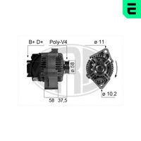 ERA 210667A - Tensión [V]: 14<br>Corriente de carga alternador [A]: 75<br>ID del modelo de conector: B+D+PHN<br>poleas - Ø [mm]: 58<br>Poleas: con polea para correa poli V<br>Sentido de giro: Sentido de giro a la derecha (horario)<br>Cantidad de agujeros de fijación: 2<br>Número de canales: 4<br>Distancia de polea a alternador [mm]: 41<br>