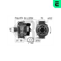 ERA 210546A - Tensión [V]: 14<br>Corriente de carga alternador [A]: 120<br>ID del modelo de conector: B+LDFM<br>poleas - Ø [mm]: 56<br>Poleas: con polea para correa poli V<br>Sentido de giro: Sentido de giro a la derecha (horario)<br>Cantidad de agujeros de fijación: 2<br>Número de canales: 5<br>Distancia de polea a alternador [mm]: 42,5<br>