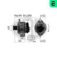 ERA 210689A - Tensión [V]: 14<br>Corriente de carga alternador [A]: 140<br>Restricción de fabricante: Marelli<br>ID del modelo de conector: B+D+<br>poleas - Ø [mm]: 61<br>Poleas: con polea de rueda libre<br>Sentido de giro: Sentido de giro a la derecha (horario)<br>Cantidad de agujeros de fijación: 2<br>Número de canales: 6<br>Juego alternativo de reparación: 210665<br>Distancia de polea a alternador [mm]: 122<br>