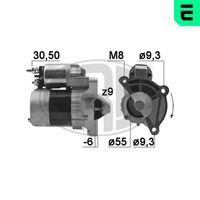 ERA 220392A - Tensión [V]: 12<br>Potencia nominal [kW]: 0,7<br>Número de dientes: 9<br>ID del modelo de conector: 30-50<br>Sentido de giro: Sentido de giro a la derecha (horario)<br>Diámetro de brida [mm]: 55<br>Cantidad de agujeros de fijación: 3<br>Posición básica piñón [mm]: -6<br>