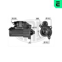 ERA 220012A - Tensión [V]: 12<br>Potencia nominal [kW]: 1,1<br>ID del modelo de conector: 30-50<br>Sentido de giro: Sentido de giro a la derecha (horario)<br>Cantidad de agujeros de fijación: 3<br>Nº de dientes 1: 9<br>Nº de dientes 2: 10<br>Posición básica piñón [mm]: -5<br>