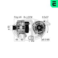 ERA 210731A - Tensión [V]: 14<br>Corriente de carga alternador [A]: 70<br>ID del modelo de conector: B+LDFM<br>poleas - Ø [mm]: 50<br>Poleas: con polea para correa poli V<br>Sentido de giro: Sentido de giro a la derecha (horario)<br>Forma del enchufe: en forma de d<br>Cantidad de agujeros de fijación: 2<br>Número de canales: 6<br>Juego alternativo de reparación: 210671<br>Distancia de polea a alternador [mm]: 48<br>