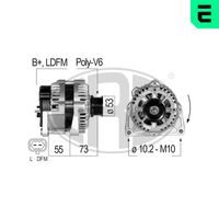 ERA 210827A - Tensión [V]: 14<br>Corriente de carga alternador [A]: 100<br>ID del modelo de conector: B+LDFM<br>poleas - Ø [mm]: 53<br>Poleas: con polea para correa poli V<br>Sentido de giro: Sentido de giro a la derecha (horario)<br>Cantidad de agujeros de fijación: 2<br>Número de canales: 6<br>Distancia de polea a alternador [mm]: 73<br>