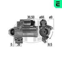 ERA 221007A - Tensión [V]: 12<br>Potencia nominal [kW]: 2,2<br>Número de dientes: 11<br>ID del modelo de conector: 30-50<br>Sentido de giro: Sentido de giro a la derecha (horario)<br>Diámetro de brida [mm]: 69<br>Cantidad de agujeros de fijación: 3<br>Juego alternativo de reparación: 220874<br>Posición básica piñón [mm]: 6<br>