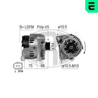 ERA 210736A - Tensión [V]: 14<br>Corriente de carga alternador [A]: 150<br>ID del modelo de conector: B+LDFM<br>poleas - Ø [mm]: 54<br>Poleas: con polea para correa poli V<br>Sentido de giro: Sentido de giro a la derecha (horario)<br>Cantidad de agujeros de fijación: 3<br>Número de canales: 5<br>Distancia de polea a alternador [mm]: 68<br>