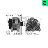 ERA 210347A - Tensión [V]: 14<br>Corriente de carga alternador [A]: 90<br>ID del modelo de conector: B+LDFM<br>poleas - Ø [mm]: 54<br>Poleas: con polea para correa poli V<br>Sentido de giro: Sentido de giro a la derecha (horario)<br>Cantidad de agujeros de fijación: 2<br>Número de canales: 6<br>Distancia de polea a alternador [mm]: 52<br>