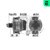 ERA 210850 - Tensión [V]: 14<br>Corriente de carga alternador [A]: 150<br>ID del modelo de conector: B+COM<br>poleas - Ø [mm]: 56<br>Poleas: con polea de rueda libre<br>Sentido de giro: Sentido de giro a la derecha (horario)<br>Cantidad de agujeros de fijación: 4<br>Número de canales: 6<br>Distancia de polea a alternador [mm]: 38<br>