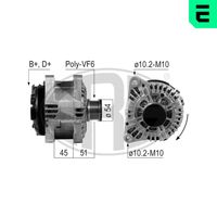 ERA 210243A - Tensión [V]: 14<br>Corriente de carga alternador [A]: 150<br>ID del modelo de conector: B+D+<br>poleas - Ø [mm]: 54<br>Poleas: con polea de rueda libre<br>Sentido de giro: Sentido de giro a la derecha (horario)<br>Cantidad de agujeros de fijación: 2<br>Número de canales: 6<br>Distancia de polea a alternador [mm]: 51<br>