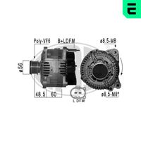 ERA 210898A - Tensión [V]: 14<br>Corriente de carga alternador [A]: 140<br>Restricción de fabricante: Valeo<br>ID del modelo de conector: B+LDFM<br>poleas - Ø [mm]: 56<br>Poleas: con polea de rueda libre<br>Sentido de giro: Sentido de giro a la derecha (horario)<br>Cantidad de agujeros de fijación: 2<br>Número de canales: 6<br>Juego alternativo de reparación: 210525<br>Distancia de polea a alternador [mm]: 40<br>