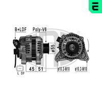 ERA 210926A - Tensión [V]: 14<br>Corriente de carga alternador [A]: 90<br>ID del modelo de conector: B+LDFM<br>poleas - Ø [mm]: 54<br>Poleas: con polea para correa poli V<br>Sentido de giro: Sentido de giro a la derecha (horario)<br>Cantidad de agujeros de fijación: 2<br>Número de canales: 6<br>Juego alternativo de reparación: 210347<br>Distancia de polea a alternador [mm]: 52<br>