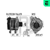 ERA 209015 - Tensión [V]: 14<br>Corriente de carga alternador [A]: 150<br>ID del modelo de conector: B+,C,L,FR<br>poleas - Ø [mm]: 55<br>Poleas: con polea de rueda libre<br>Sentido de giro: Sentido de giro a la derecha (horario)<br>Cantidad de agujeros de fijación: 2<br>Número de canales: 6<br>Distancia de polea a alternador [mm]: 60<br>