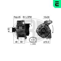 ERA 210671 - Tensión [V]: 14<br>Corriente de carga alternador [A]: 90<br>ID del modelo de conector: B+,L,DFM<br>poleas - Ø [mm]: 56<br>Poleas: con polea de rueda libre<br>Sentido de giro: Sentido de giro a la derecha (horario)<br>Cantidad de agujeros de fijación: 2<br>Número de canales: 6<br>Juego alternativo de reparación: 210597<br>Distancia de polea a alternador [mm]: 48,5<br>