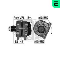 ERA 209433 - Tensión [V]: 14<br>Corriente de carga alternador [A]: 180<br>ID del modelo de conector: B+COM<br>poleas - Ø [mm]: 54<br>Poleas: con polea de rueda libre<br>Sentido de giro: Sentido de giro a la derecha (horario)<br>Cantidad de agujeros de fijación: 2<br>Número de canales: 6<br>Nº art. de accesorio recomendado: ZN5800<br>Distancia de polea a alternador [mm]: 51<br>