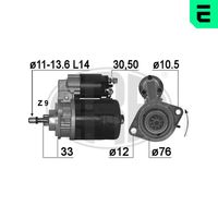 ERA 220092A - Tensión [V]: 12<br>Potencia nominal [kW]: 0,7<br>Cantidad de agujeros de fijación: 2<br>Diámetro de brida [mm]: 76<br>Sentido de giro: Sentido de giro a la izquierda (antihorario)<br>Número de dientes: 9<br>Pinza: B+ M8<br>Pinza: Exc 6,35<br>