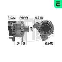 ERA 209218 - Modelo red de a bordo: para vehículos con red de a bordo 12V<br>Tensión [V]: 14<br>Corriente de carga alternador [A]: 140<br>Poleas: con polea de rueda libre<br>Número de nervaduras: 6<br>poleas - Ø [mm]: 49<br>Pinza: B+ M8<br>ID del modelo de conector: L / DFM<br>